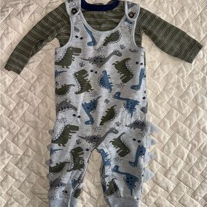 Dinosaur Print Baby Overalls with Striped Shirt